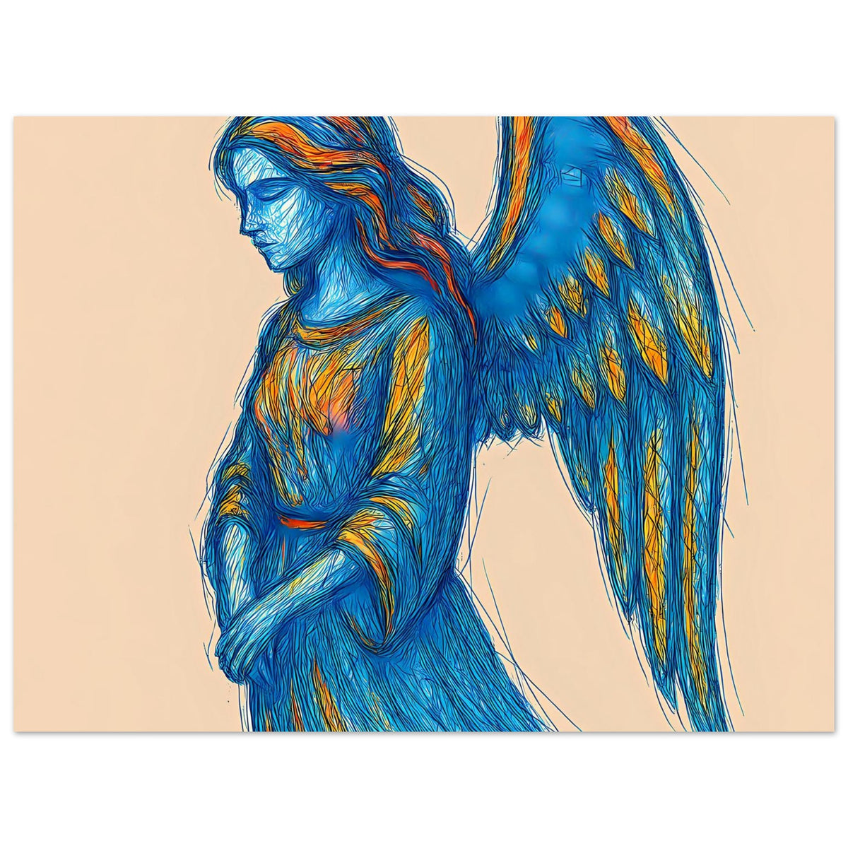 Engelsposter Nahansicht: blauer Flügelengel mit gelb-orangenem Heiligenschein