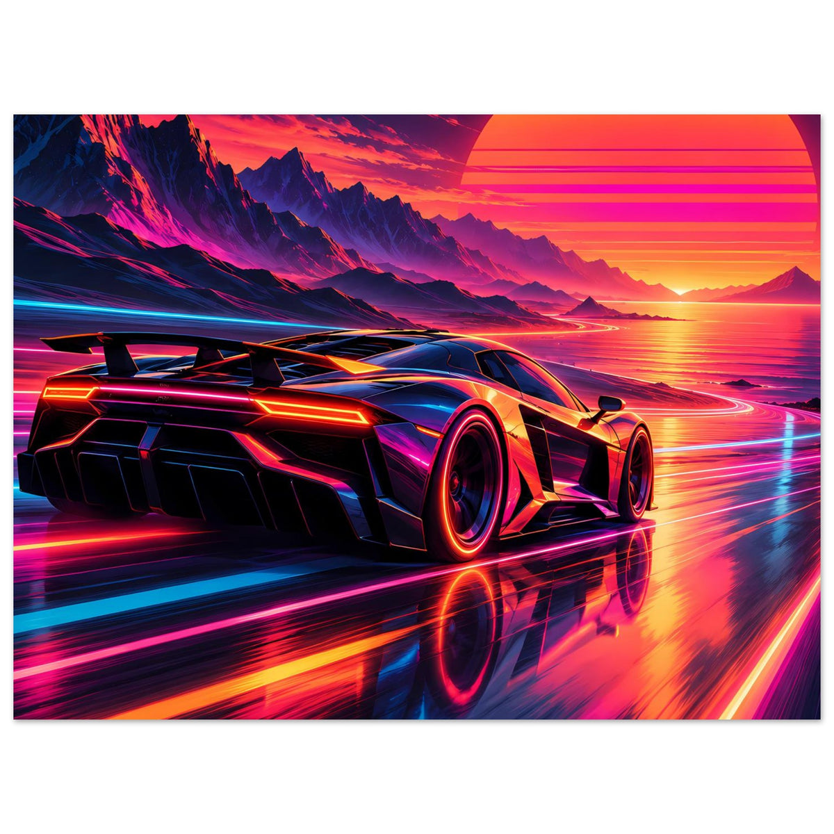 Neon-Supercar Poster, seitliche Perspektive: orangefarbene Konturen, blaue Akzentlichter