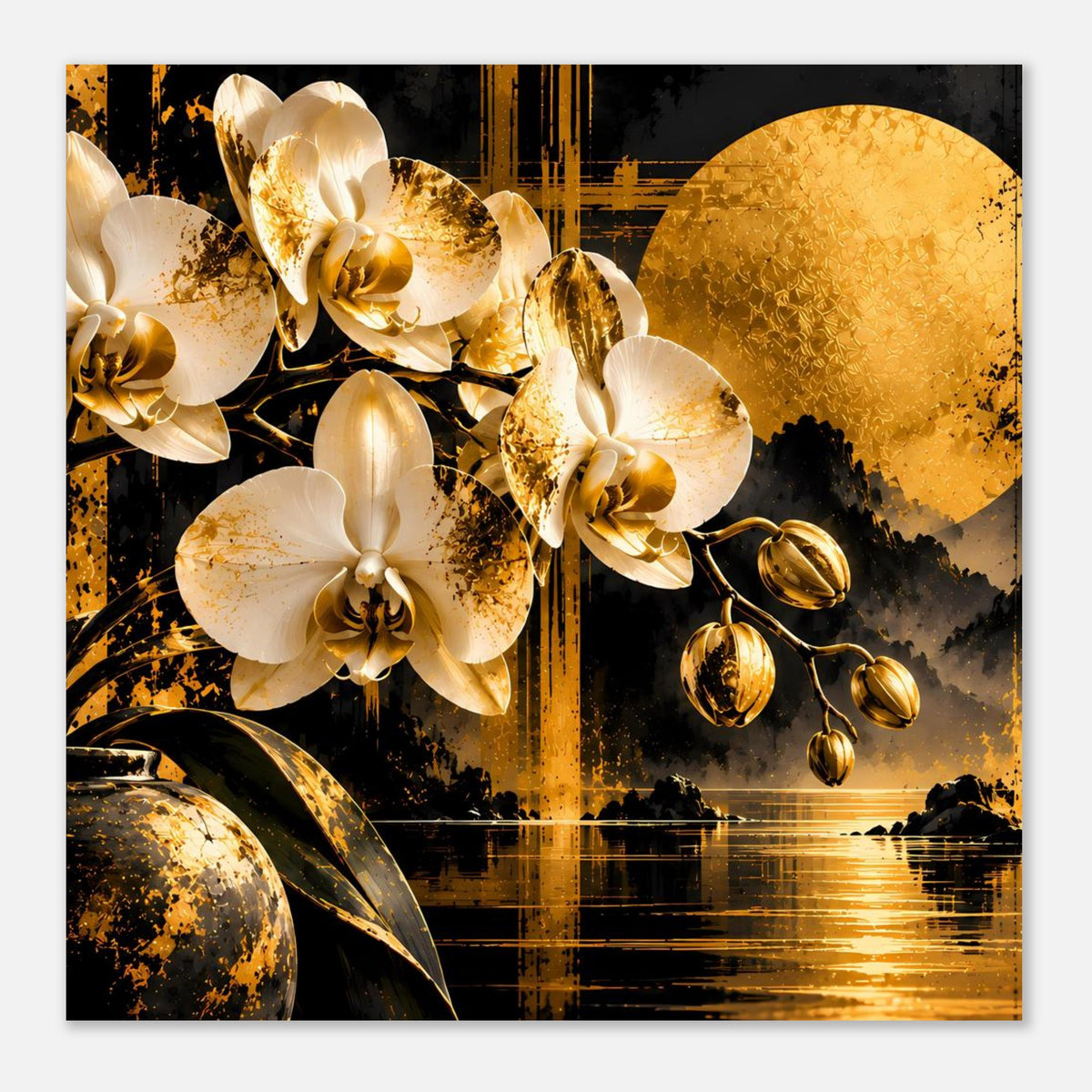Orchideenposter mit weiß-goldenen Orchideen, goldener Mondsichel und Wasserreflexion