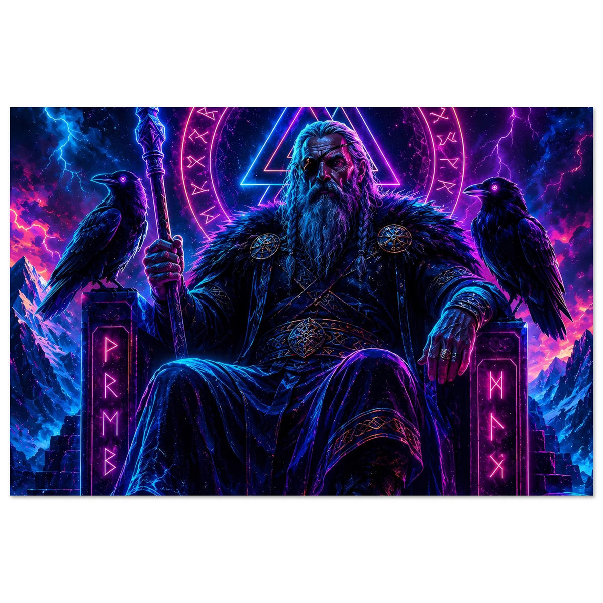 Nordisches Fantasy-Poster: Wikingerkönig im neonem Runenkreis, Schwert, zwei Raben.