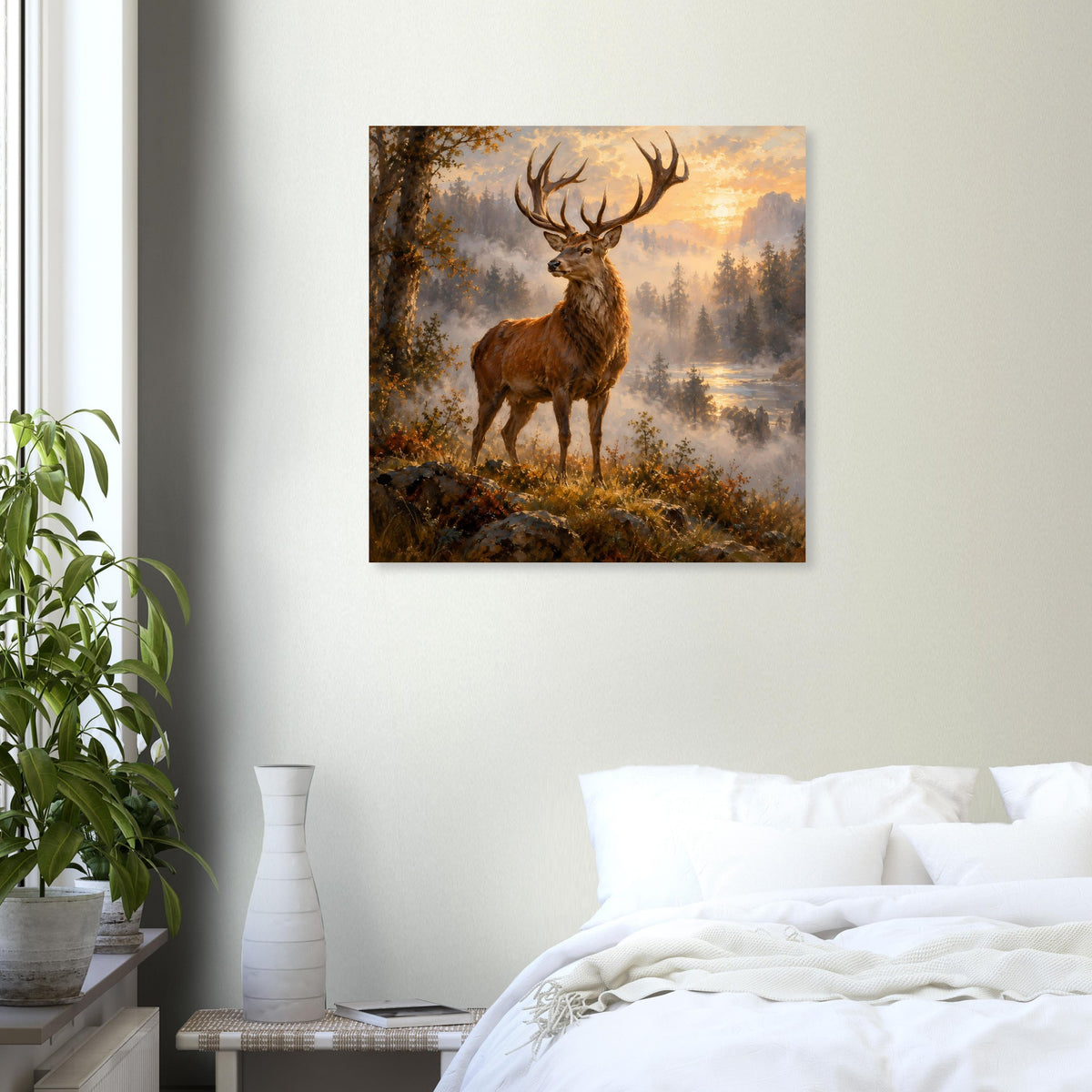 Majestic Stag Poster: Hirsch auf Waldlichtung im Sonnenaufgang, kompakter Druck