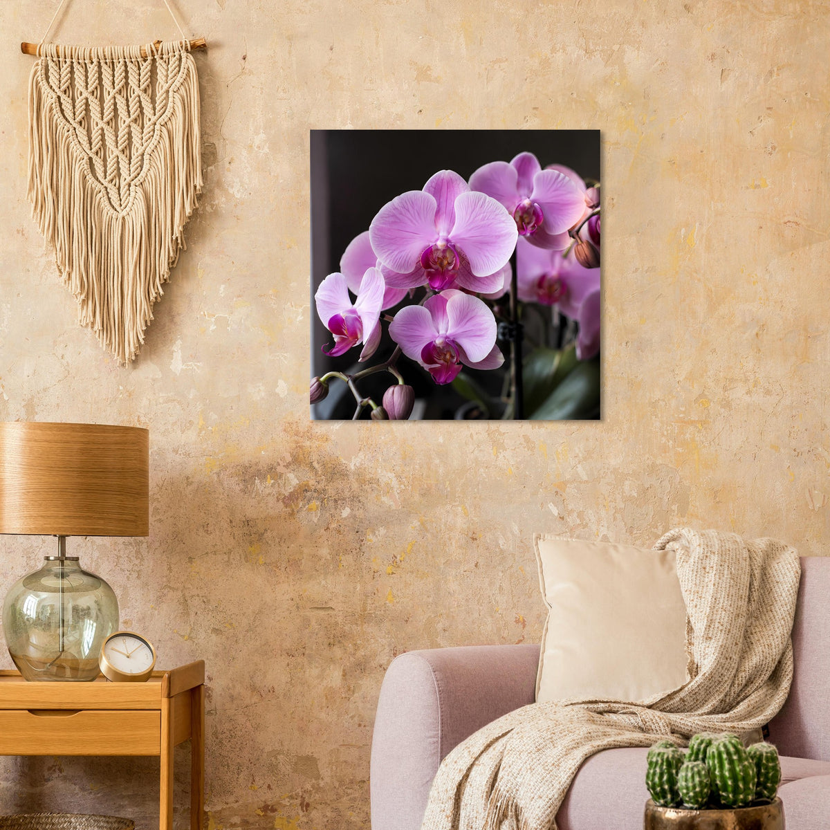 Orchideenblüten-Poster: pastellrosa Blüten im schwarzen rechteckigen Rahmen