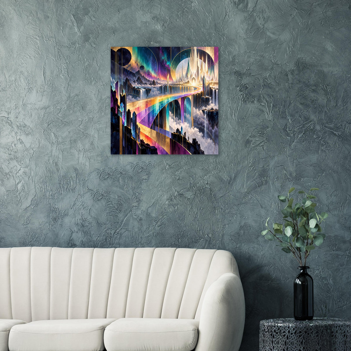 Poster mit Regenbogen-Brücke in Violett-, Blau- und Orangetönen sowie Skyline-Details