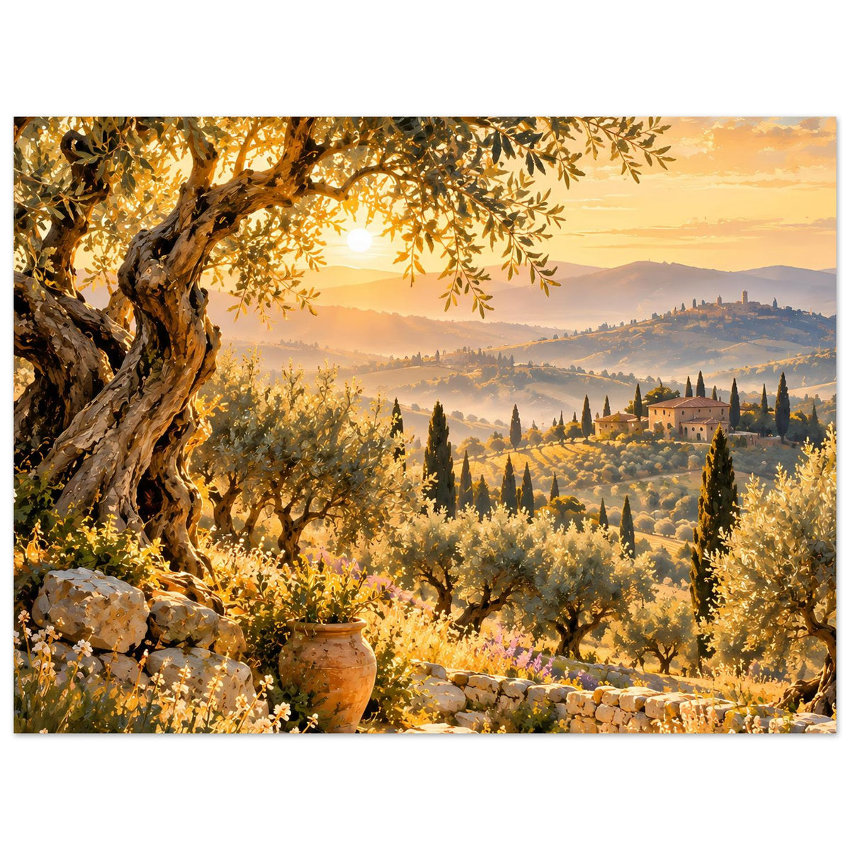 Poster mit goldener Sonnenuntergangslandschaft, Olivenbaum links, Felsweg und Blumen