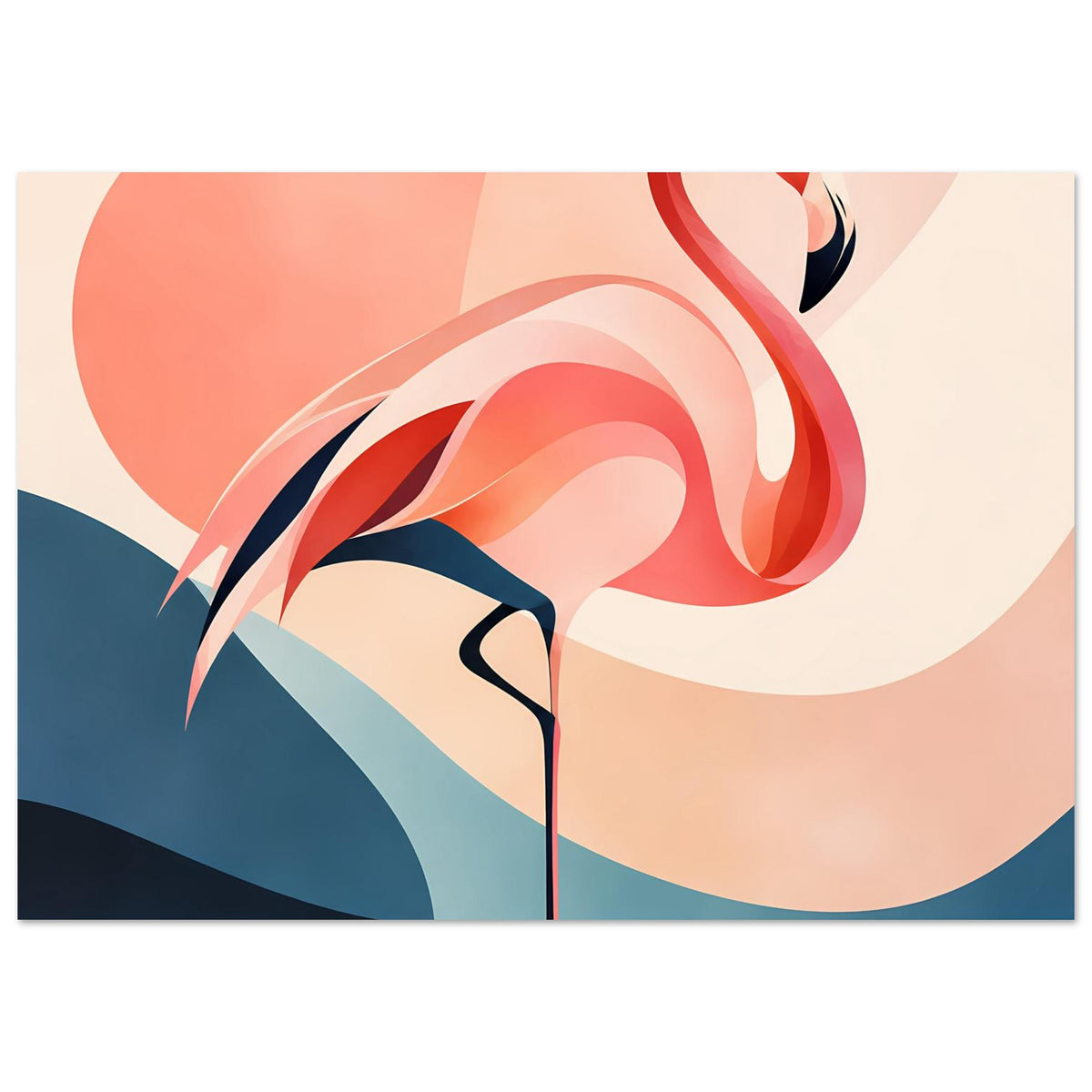 Abstrakter Flamingo-Sonnenuntergang Kunstdruck mit rotem Flamingo über Blau und Beige.