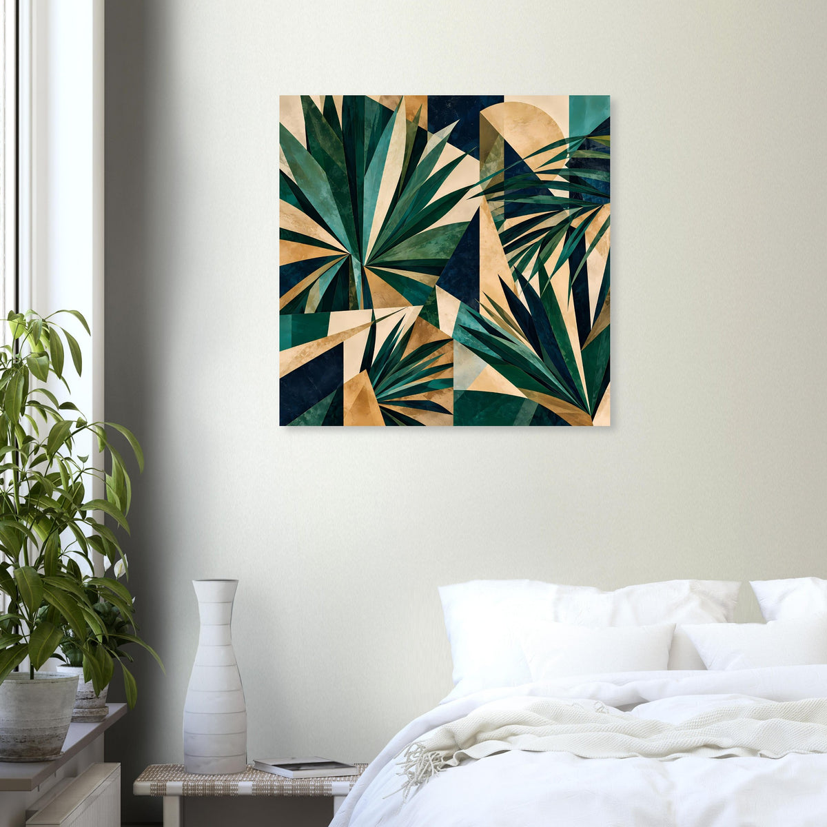 Quadratisches Kunstposter: geometrische Tropenblätter in Grün, Gold und Dunkelblau
