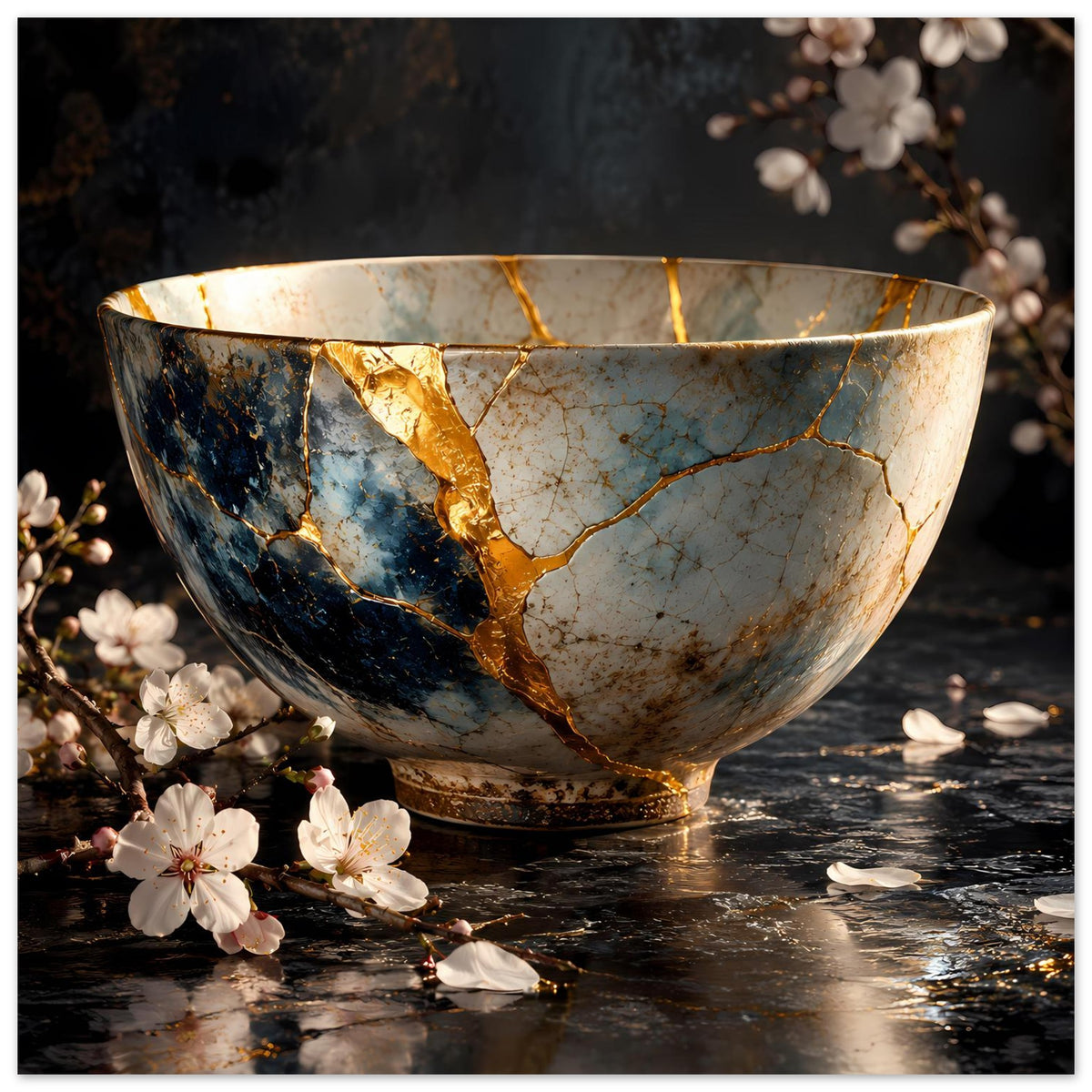 Poster mit Kintsugi-Schale, gold-verzierte Bruchstellen, blaue Fläche und weiße Blüten