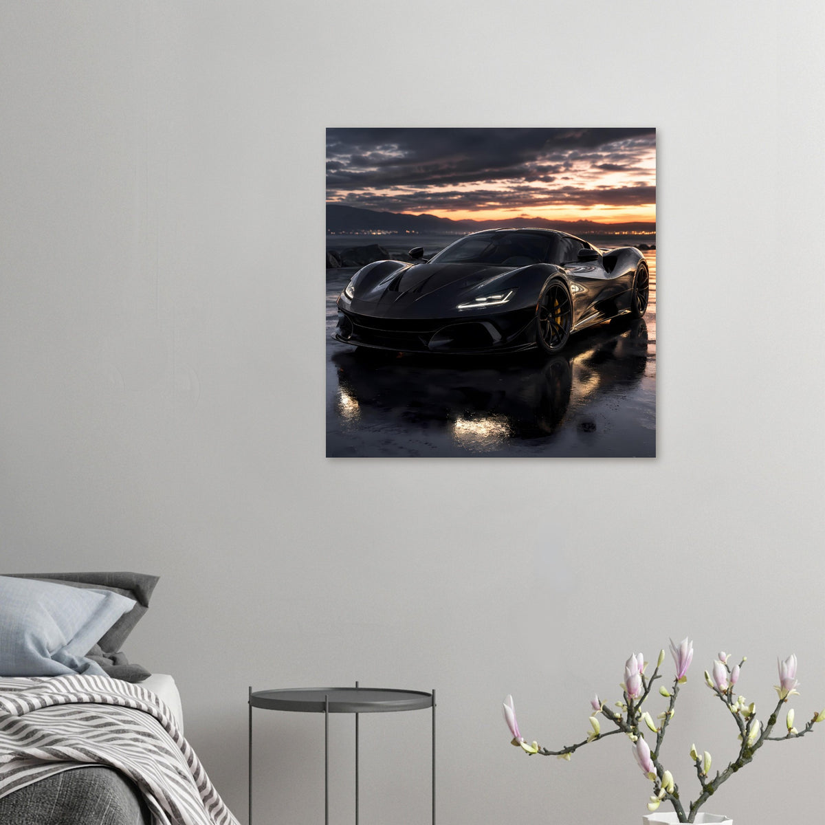 Kleines Poster mit schwarzem Sportwagen im Dunkel-Sonnenuntergang, Seitenansicht