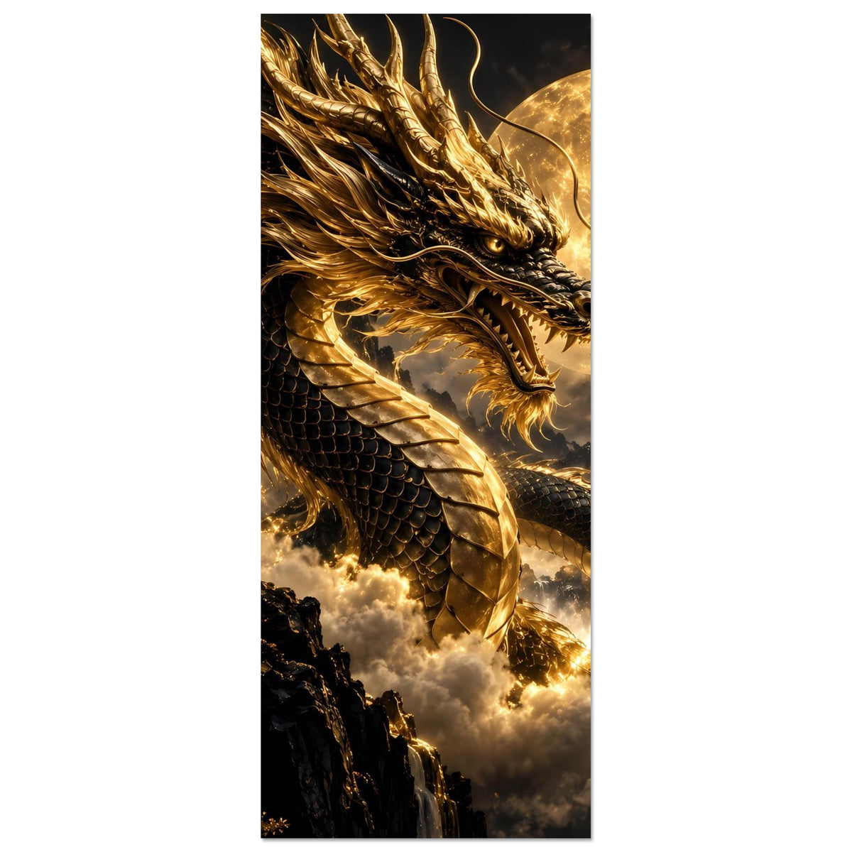 Drachenposter (hochkant): goldener Drache, Fokus auf Kopf und Flügel, Vollmondscheibe