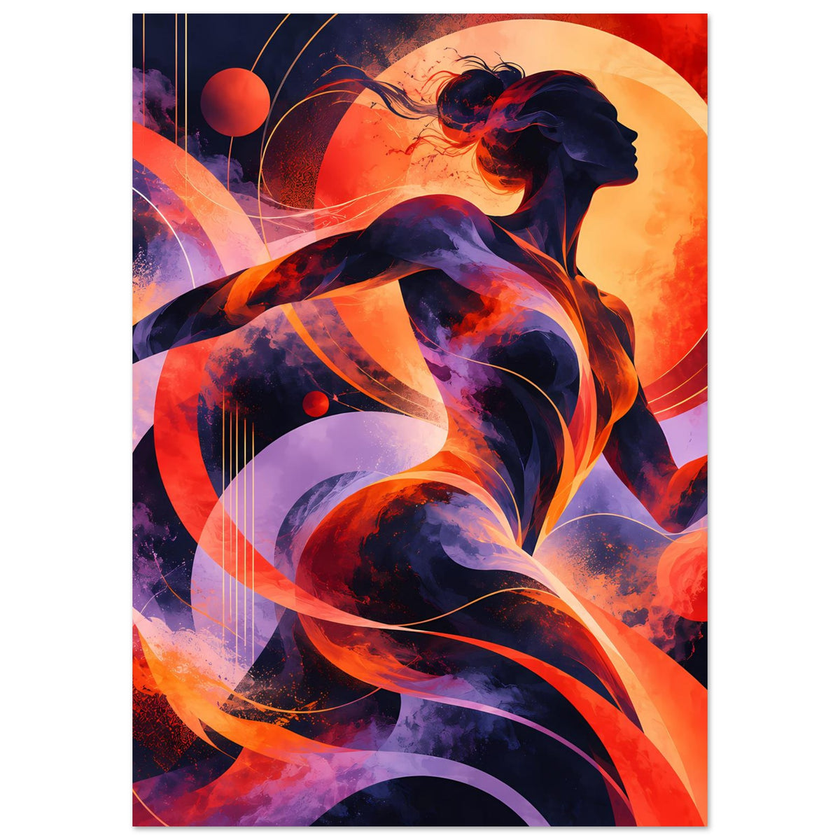 Vertikales Premium-Poster: Feuer-Comicfrau, abstrakte Spritzer und Linien in Rot, Lila und Blau.