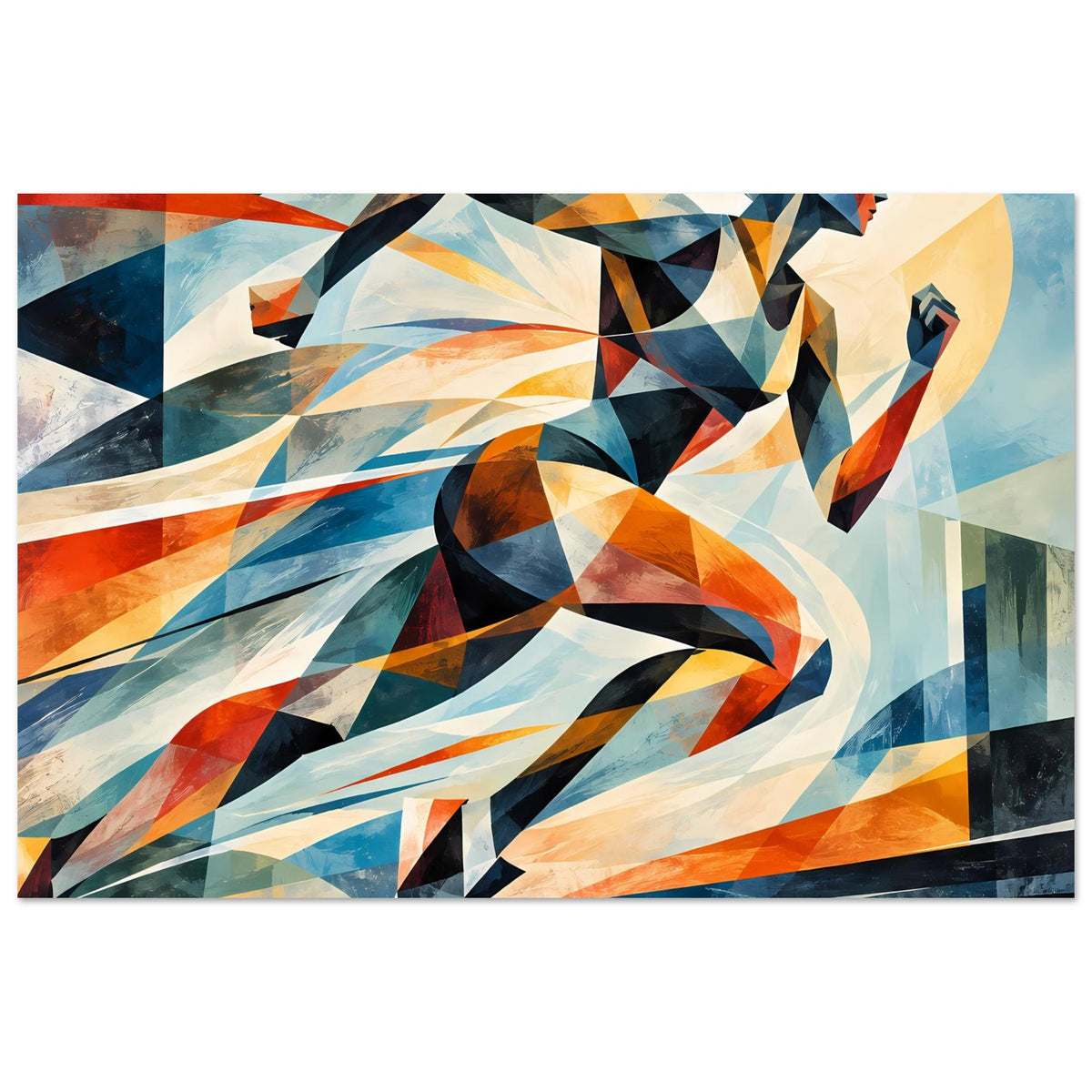 Abstraktes Poster (Querformat) mit dynamischem geometrischem Läufermotiv in Blau, Rot und Orange