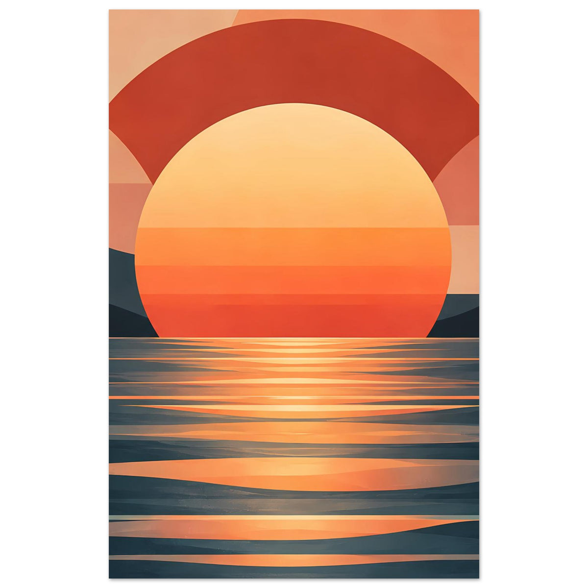 Wandposter mit warmen Farben: Halbkreis-Sonne über dunklem Wasser mit feinen Horizontlinien