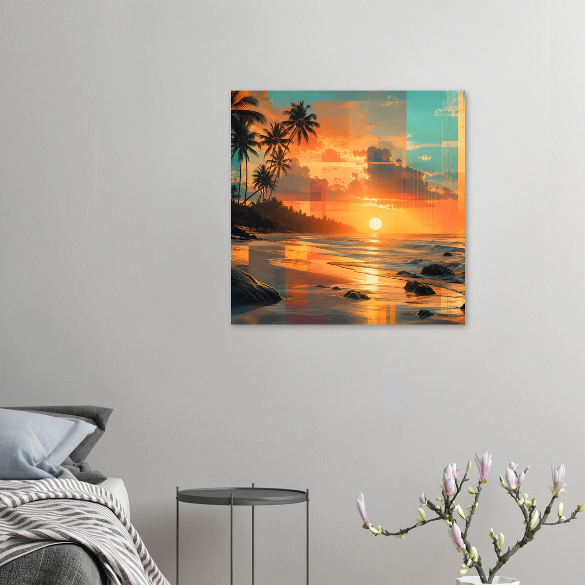 Kleines Sonnenuntergangs-Strandposter im Querformat an der Wand: Palmen und Sonne