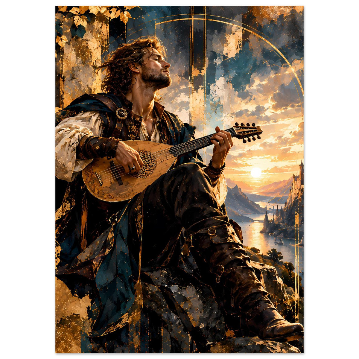 Vertikales Poster mit Bard-Musiker und Gitarre in Fantasy-Sonnenuntergangsszene