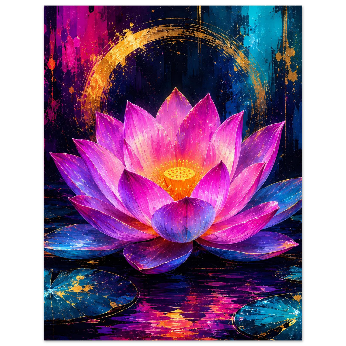 Blumenposter (vertikal) mit leuchtender Lotusblüte in Rosa und Violett, goldene Akzente