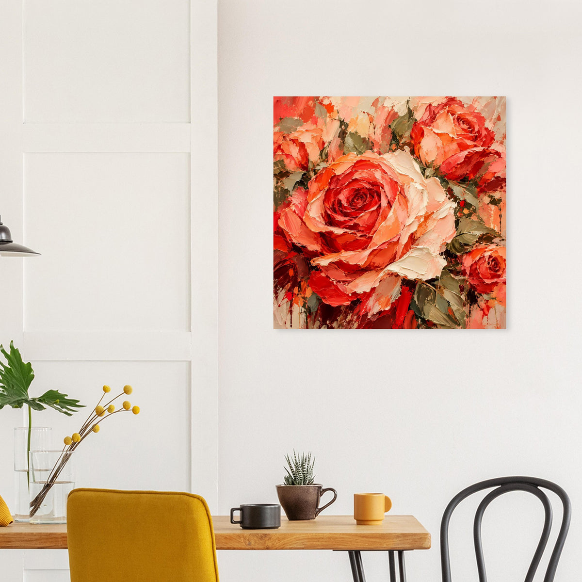 Quadratisches Wandposter mit farbigem Rosenmotiv: Rot, Orange und Pfirsich in Textur