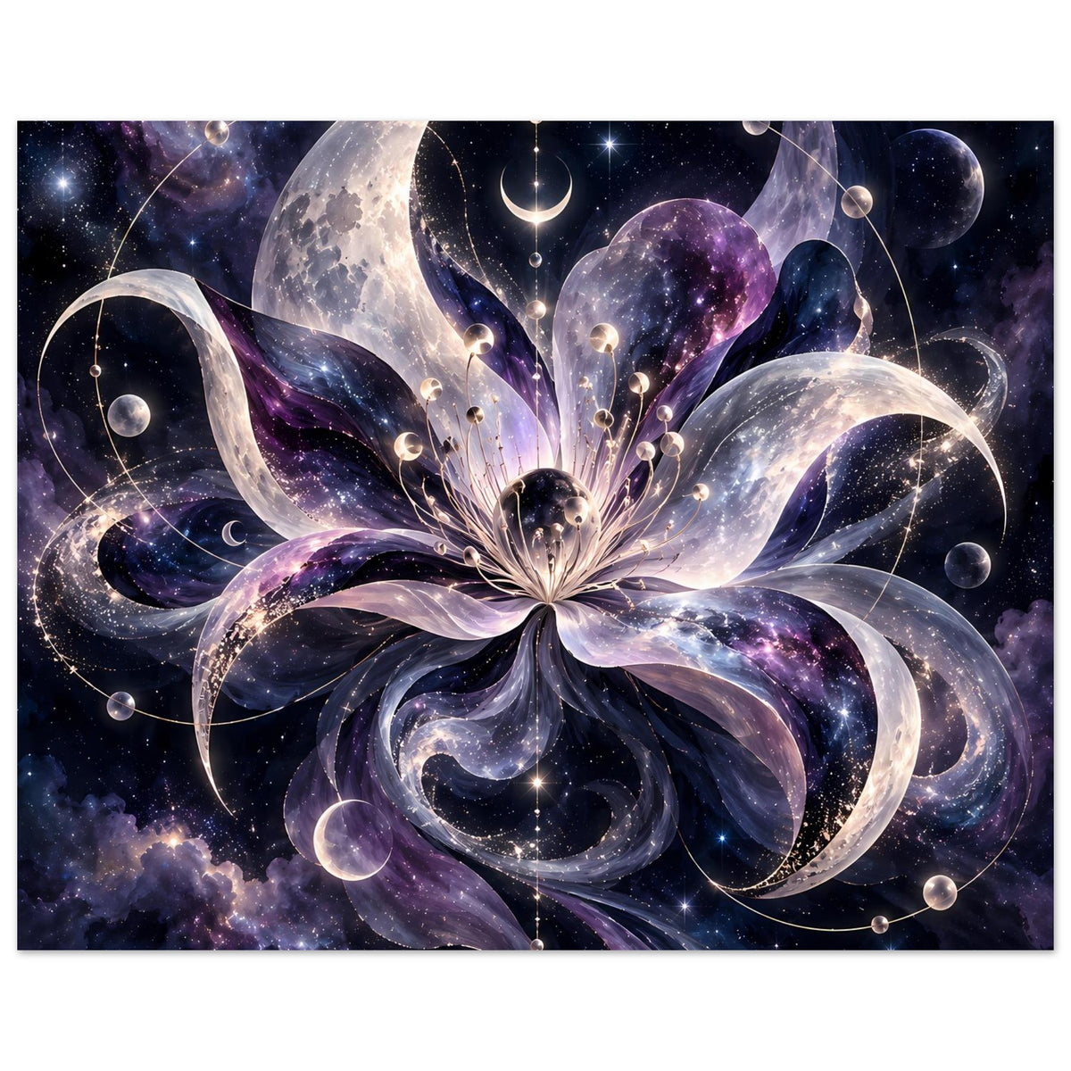 Kosmische Blüte mit Monden, Planeten und Sternen in violett-blauem Weltraum – Motivansicht 16