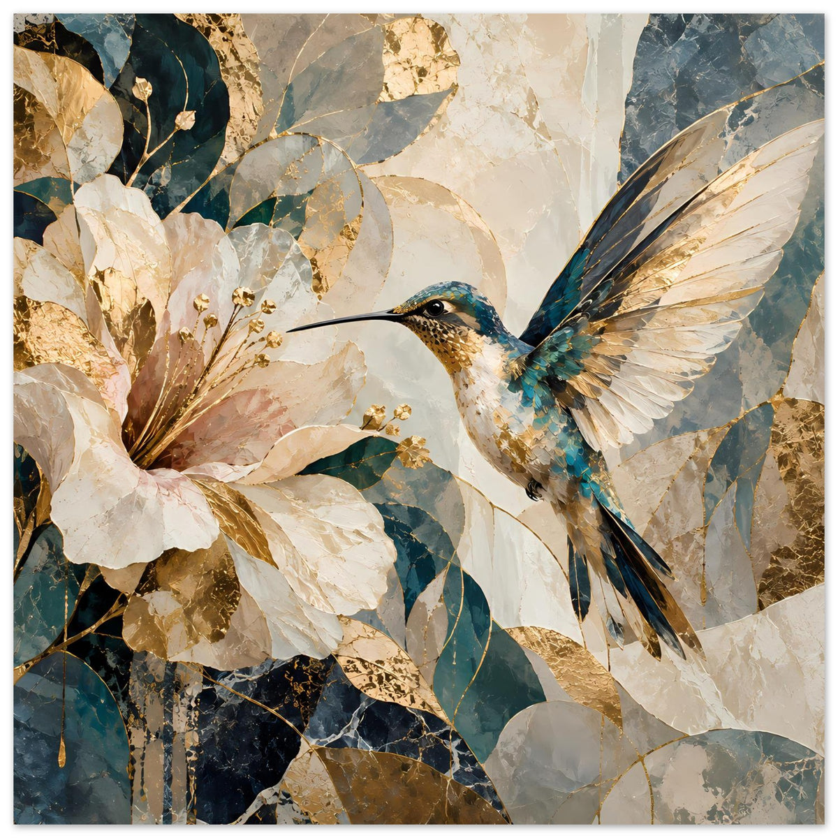 Wandposter mit Kolibri und weißen Blumen, goldene Details und blaues Muster, quer
