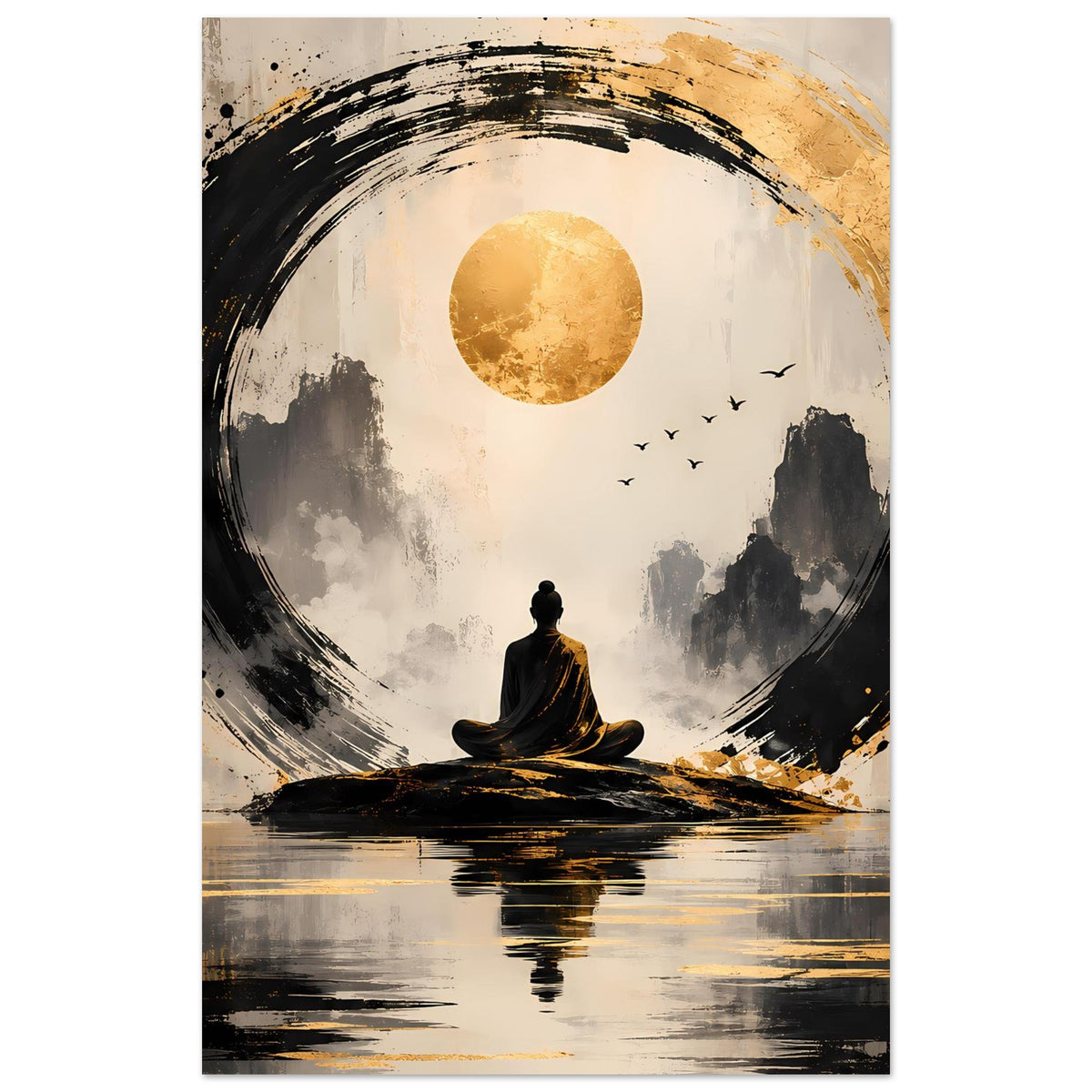 Vertikales Poster: Meditationsfigur vor goldener Sonne, schwarzer Kreis, Vögel und Reflexion