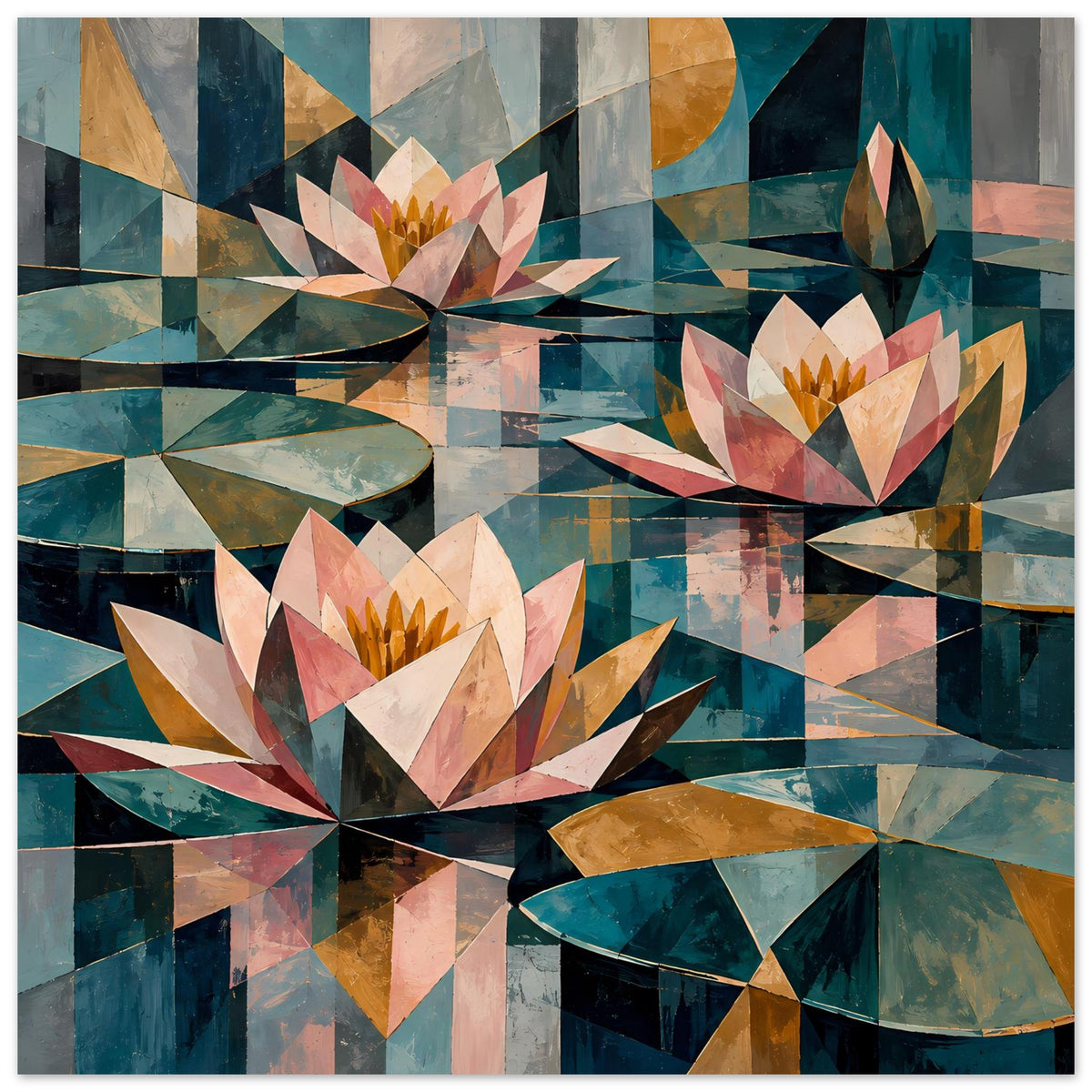 Breites Blumenposter mit geometrischen Seerosen, Pastell-Rosa, Petrolblau und Ockergelb