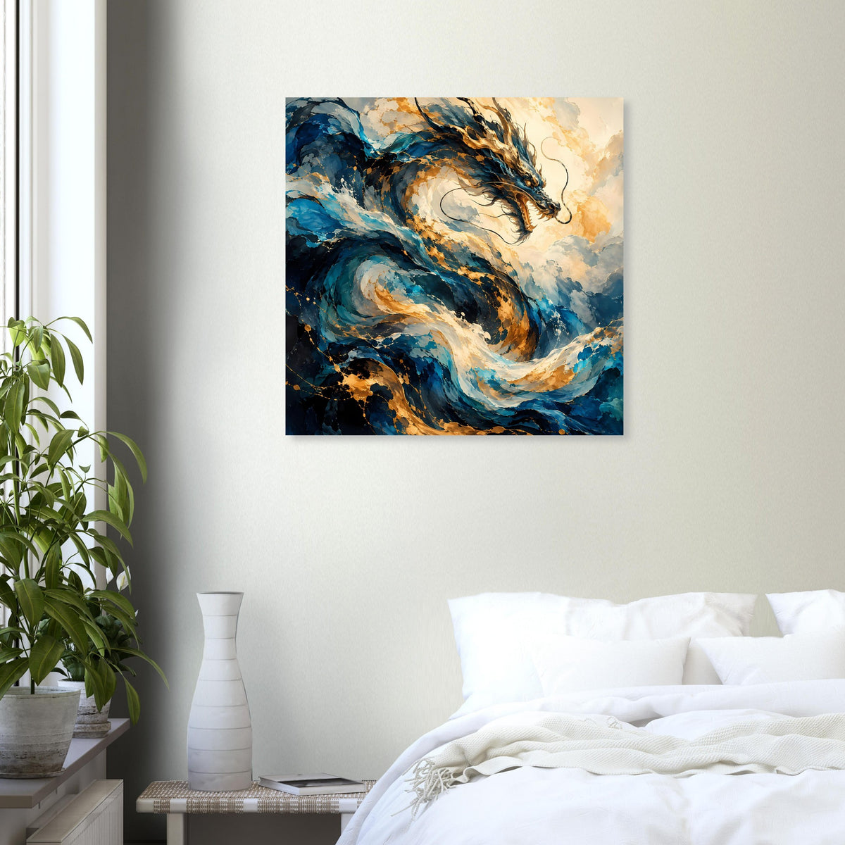 Wandposter mit Drachen in Blau und Gold, abstrakte Strudel und Rauchwolken, quadratisch