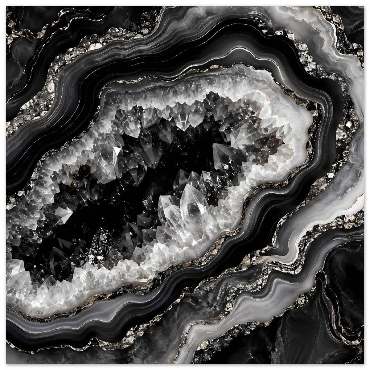Abstraktes Geoden-Poster: schwarze Kristallfläche mit weißen Spitzen, silbrig-grauen Ringlinien