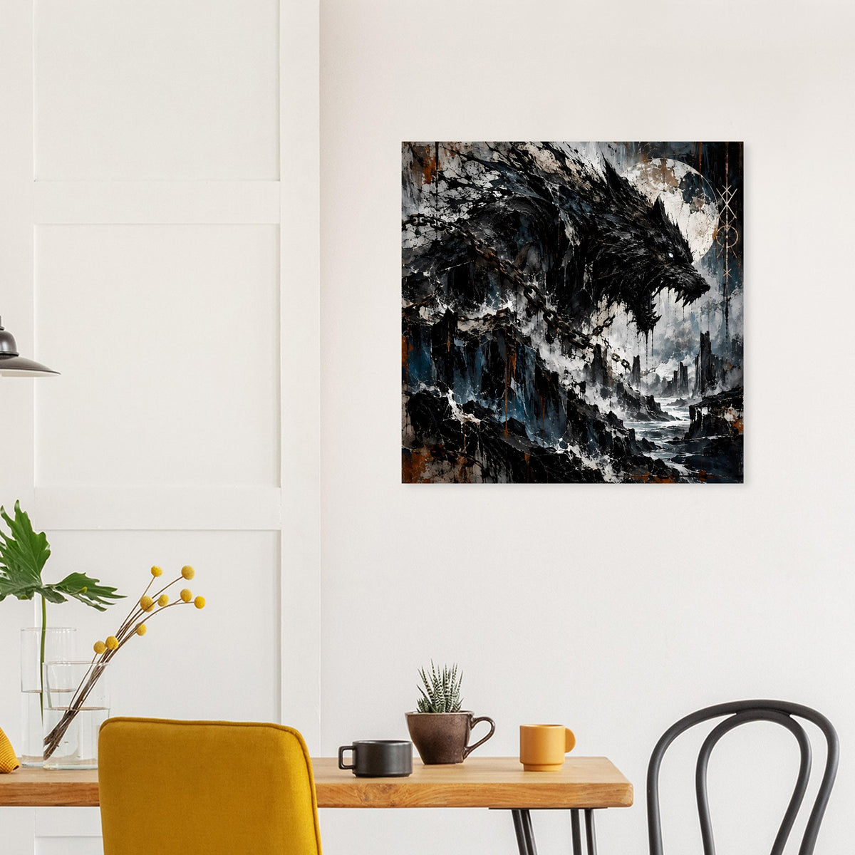 Quadratisches gerahmtes Wolfsposter mit dunklem Wolf und abstrakten Wolken in Blau-Schwarz