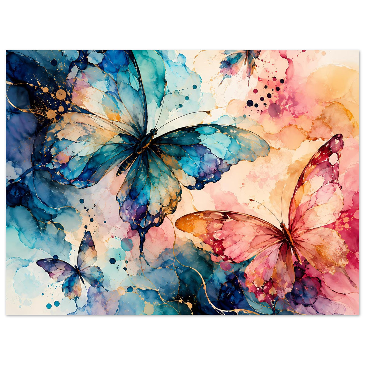 Querformatiges Naturposter mit Aquarell-Schmetterlingen in Blau und Rosa, gerahmt