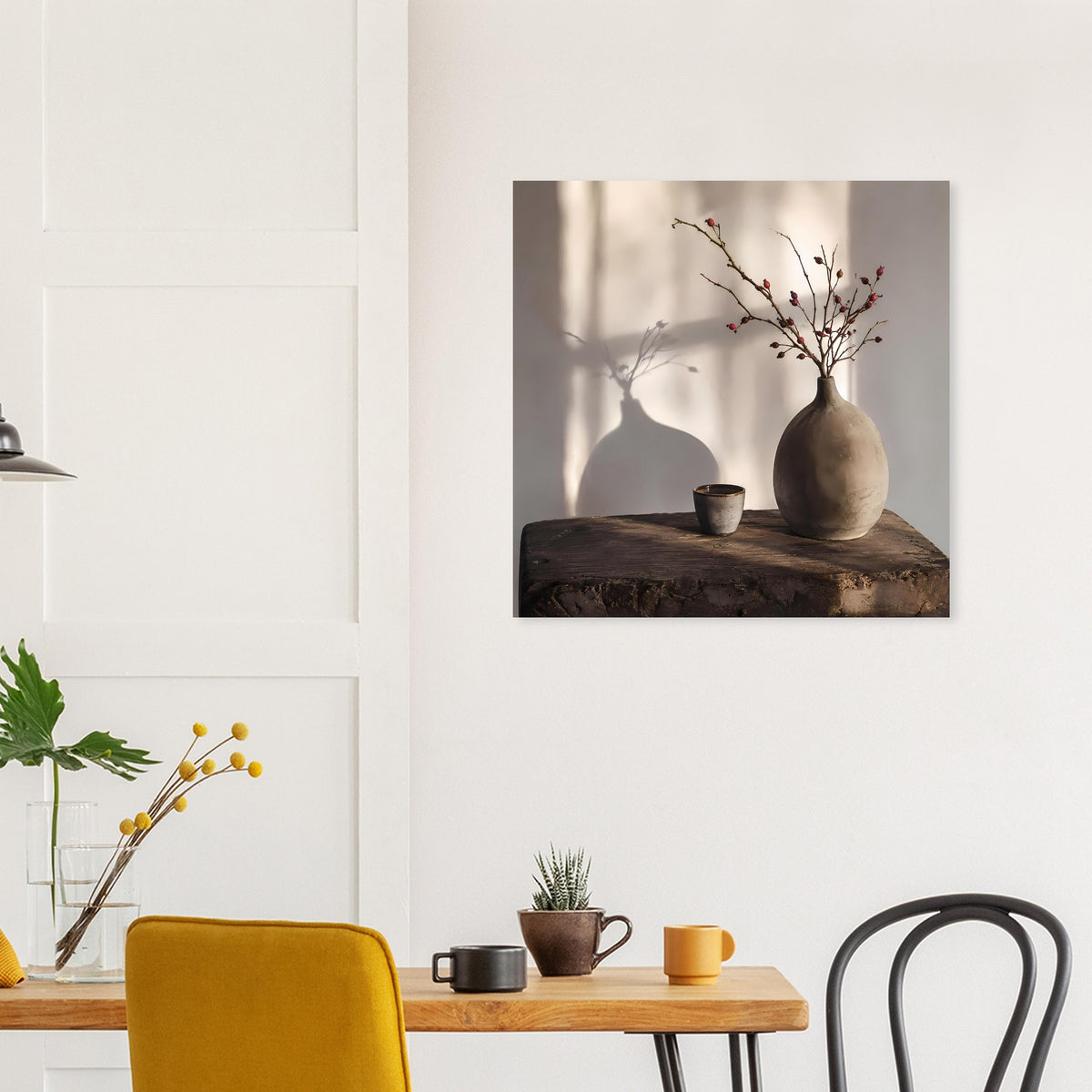 Still-Life-Poster: Vase und Schale mit Zweig vor hellem Hintergrund