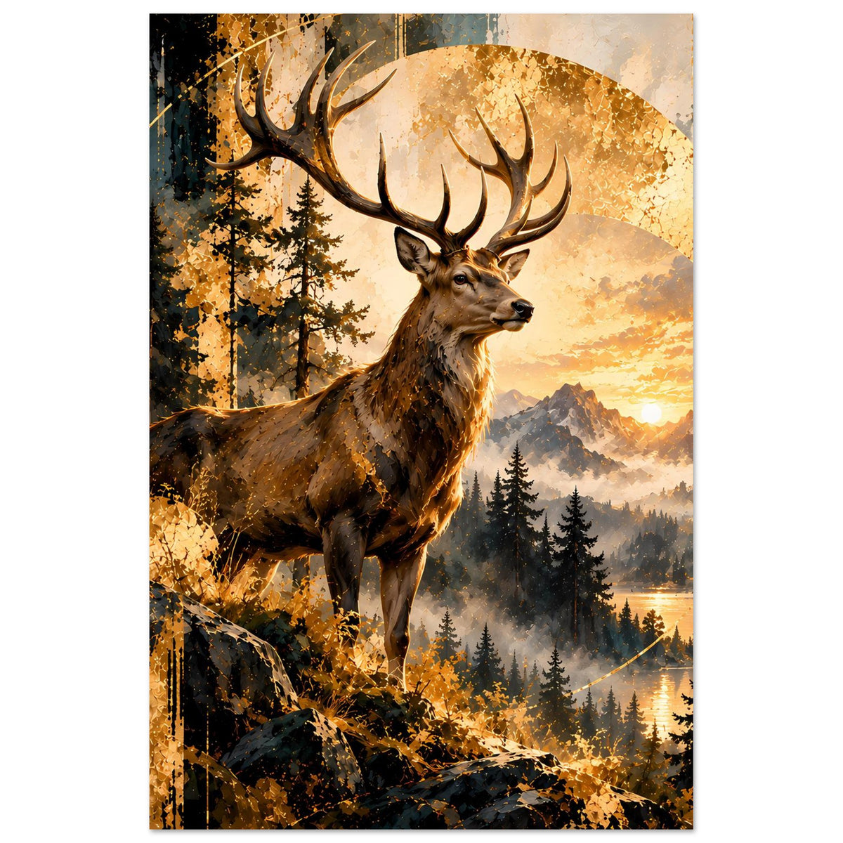 Vertikales Poster mit Hirsch im Wald, warmes Sonnenmotiv und Berglandschaft