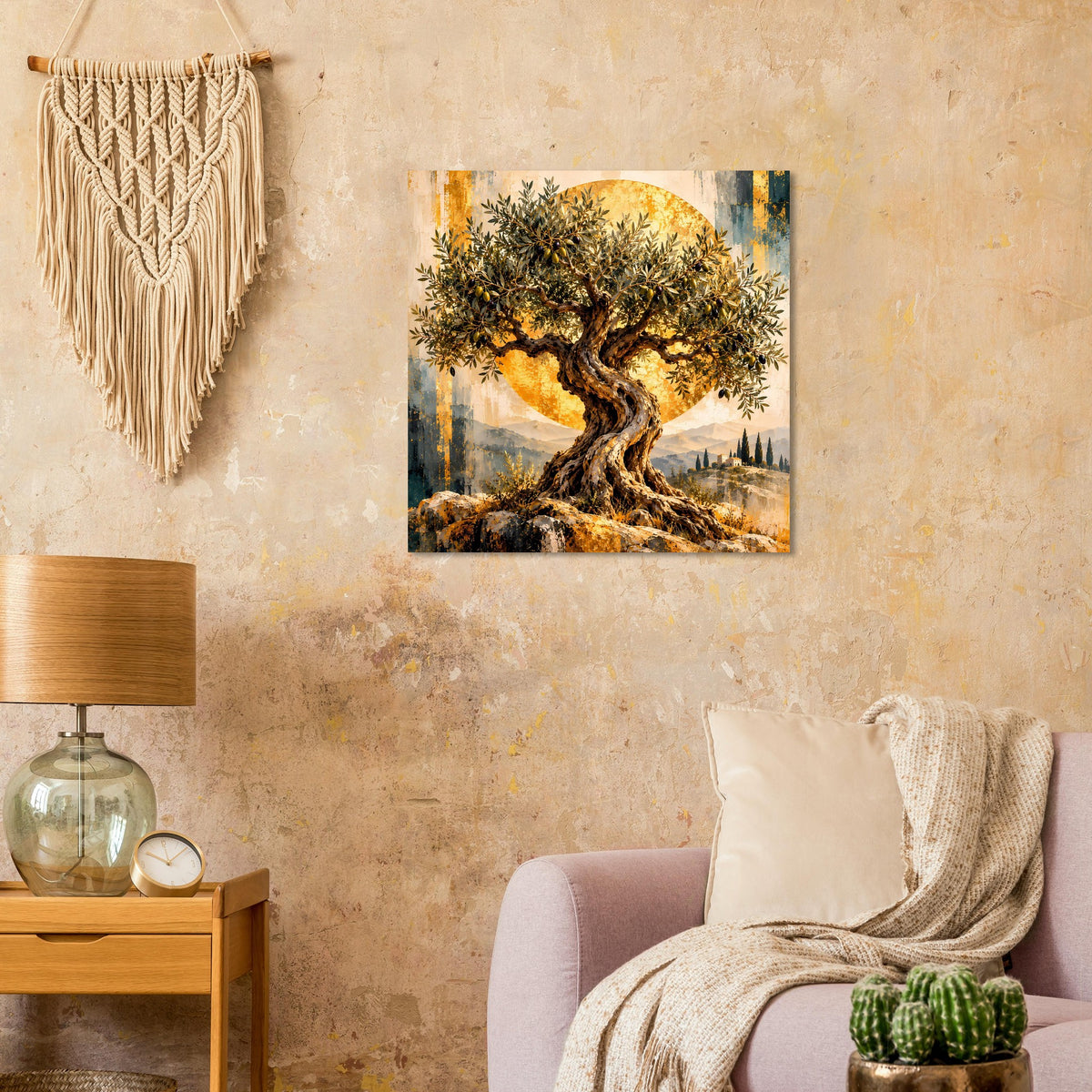 Olivenbaum-Poster mit verzweigter Krone und goldenem Licht über Landschaft