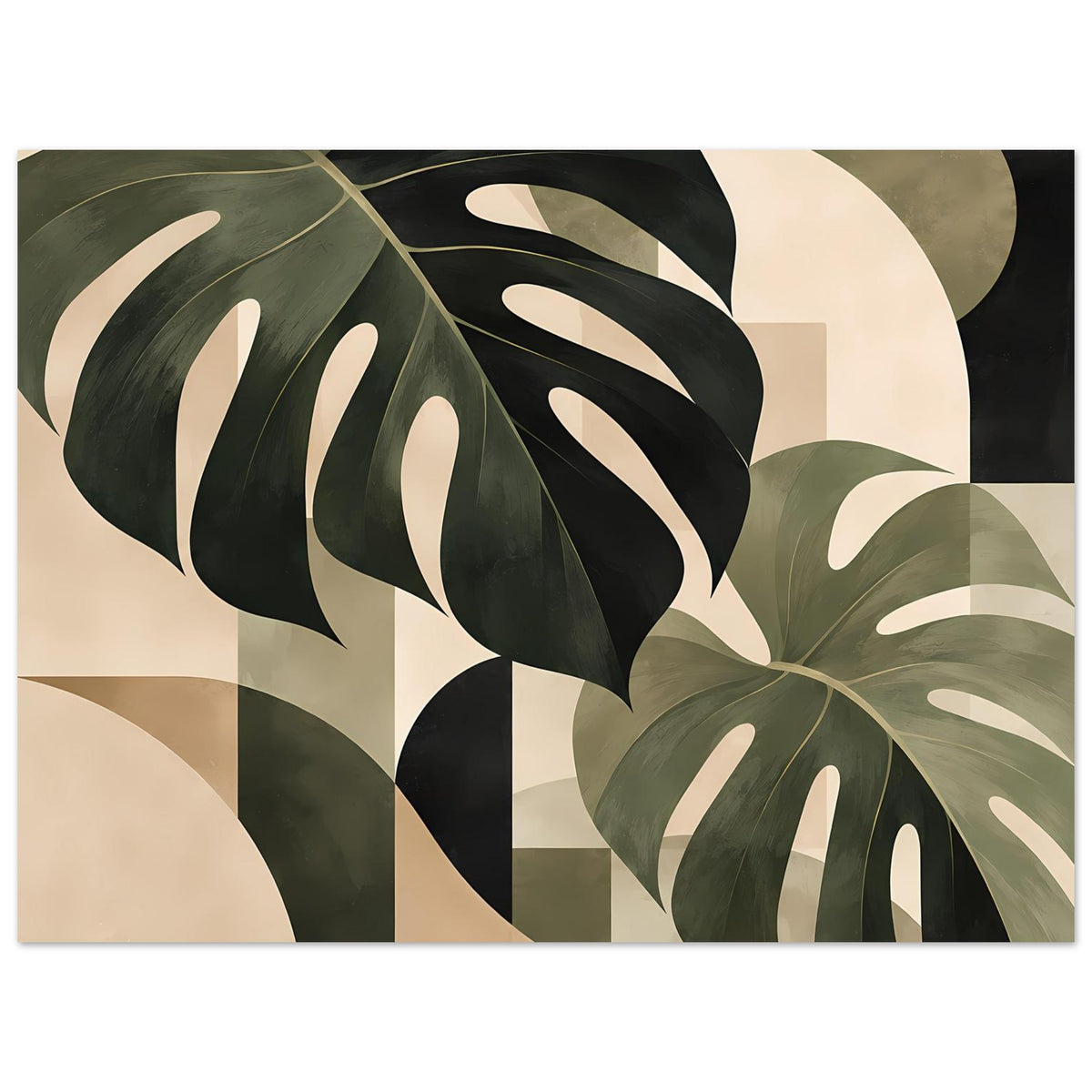 Botanik-Poster mit abstrakten Monstera-Blättern in Salbeigrün, dunklem Grün und Beige.