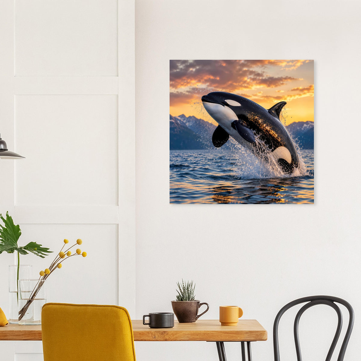 Quadratisches Orca-Sprung-Poster mit springendem Orca über ruhigem Meer