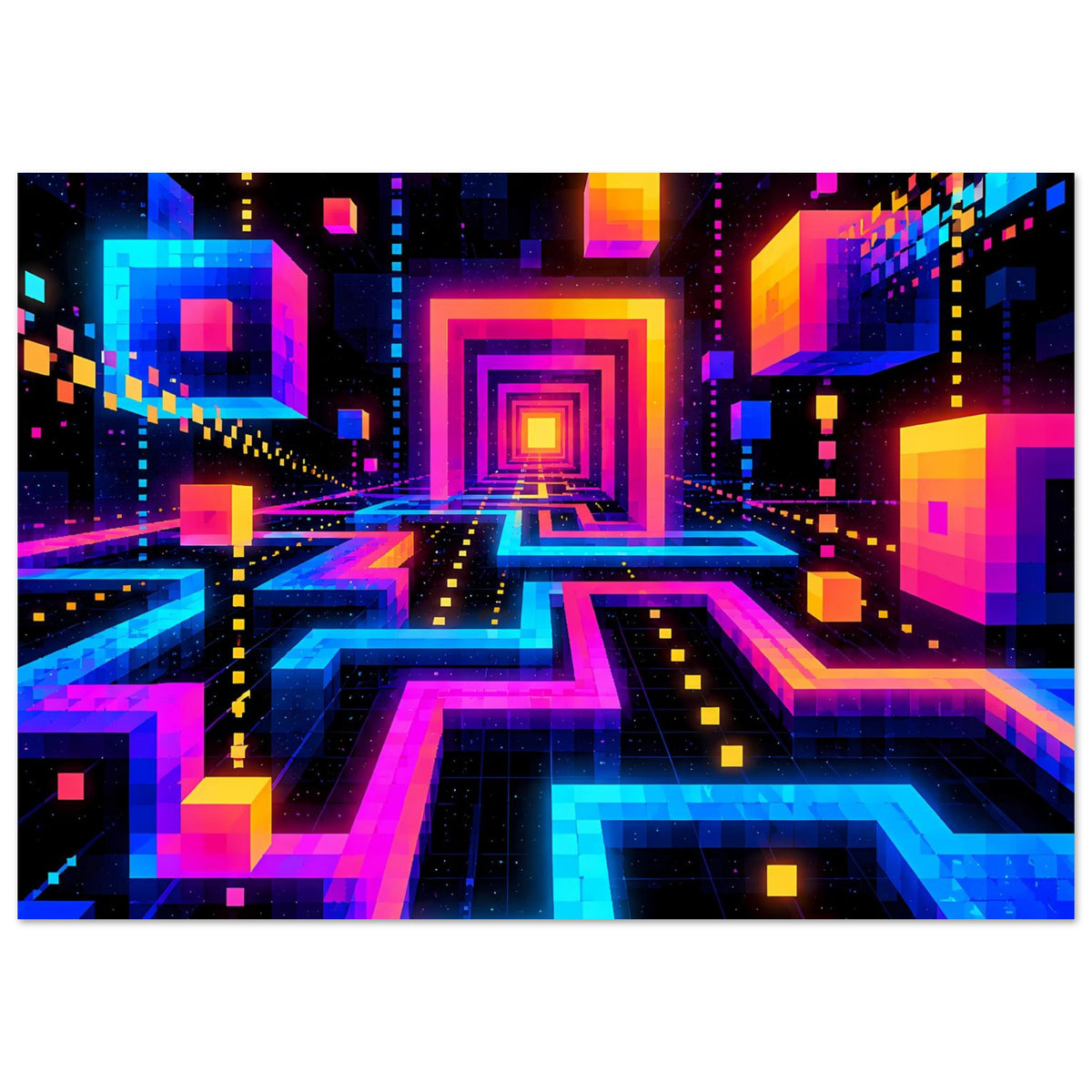 Buntes Neon-Science-Fiction-Poster: perspektivisches Labyrinth mit zentralem Portal und bunten Lichtern