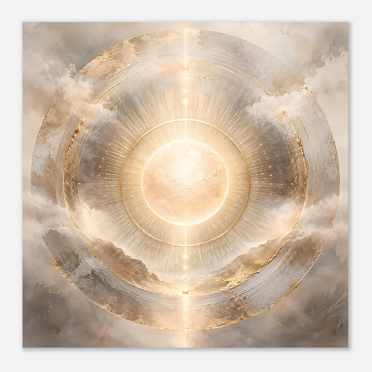 Quadratisches Poster: leuchtende Sonne, goldene Kreise, abstrakte Wellen und Wolkenschatten