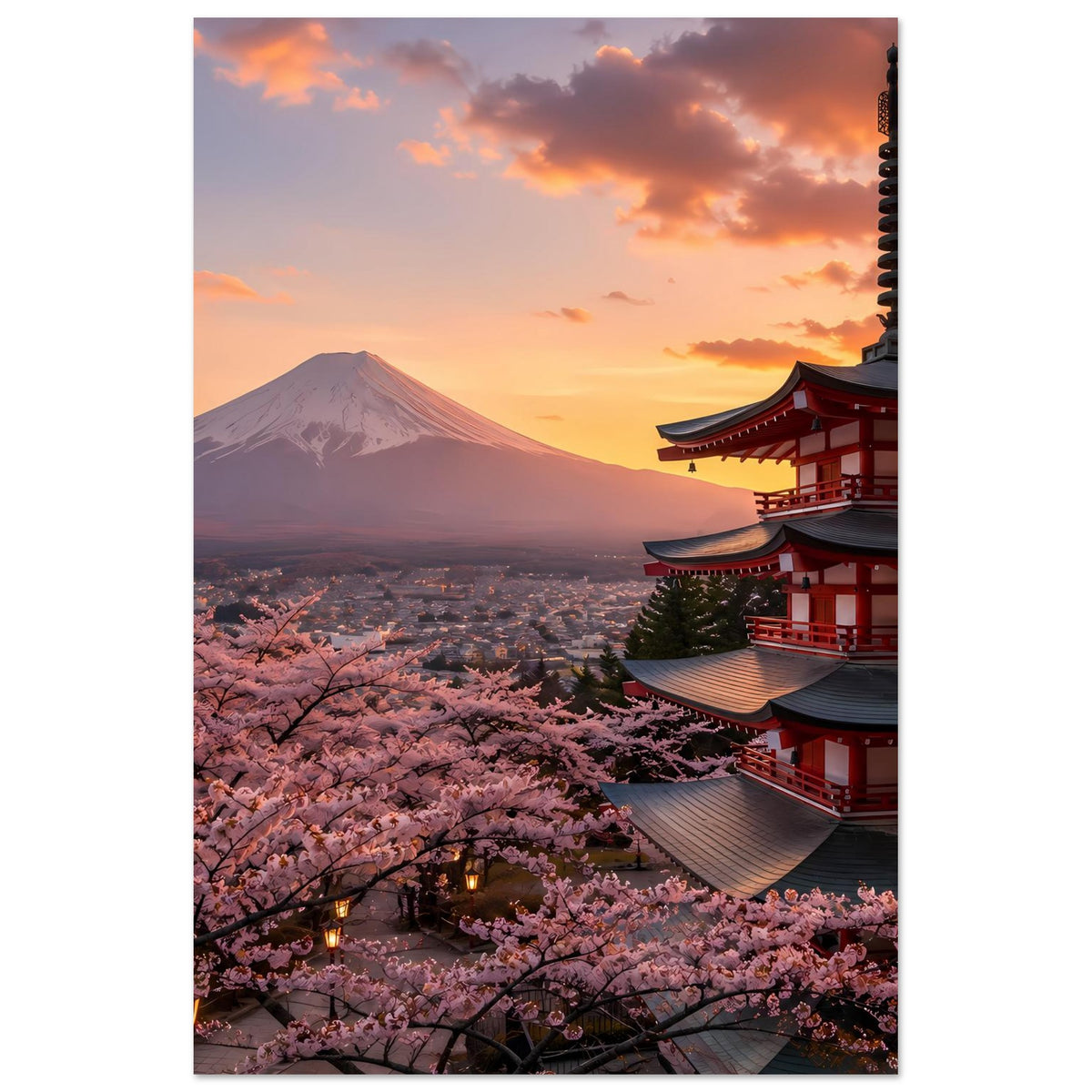Vertikales Japanisches Kunstposter mit Berg Fuji, Kirschblüten unten, Pagode rechts, Sonnenuntergang
