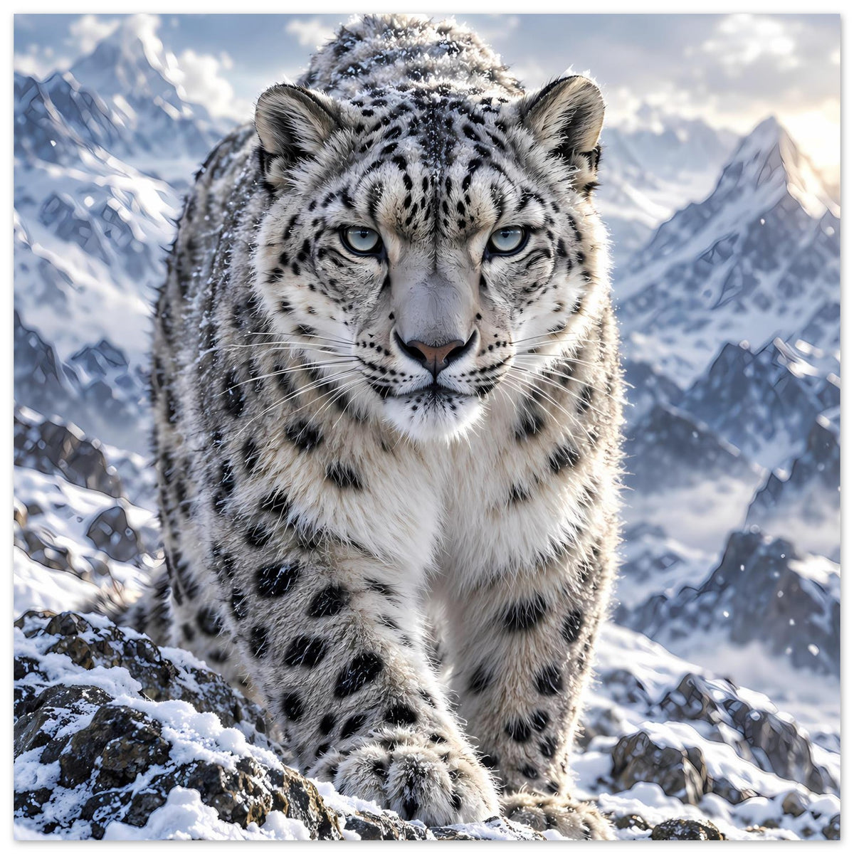 Querformat-Poster: Schneeleopard mit Blick nach vorn, vor verschneiten Felsen