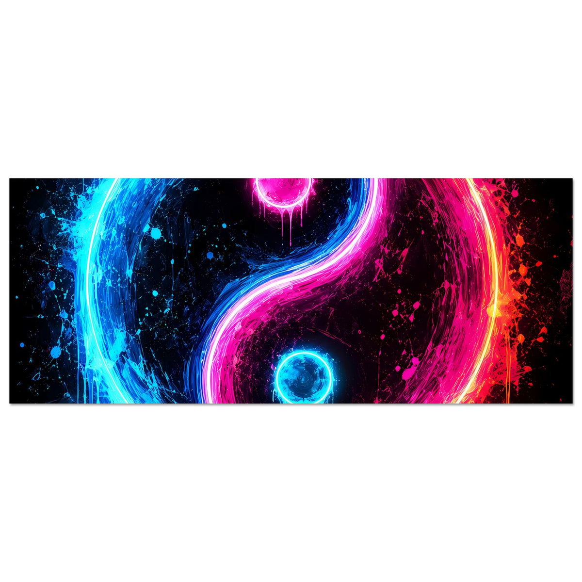 Horizontales Poster mit leuchtendem Yin-Yang in Neonblau und Neonpink, Farbspritzer