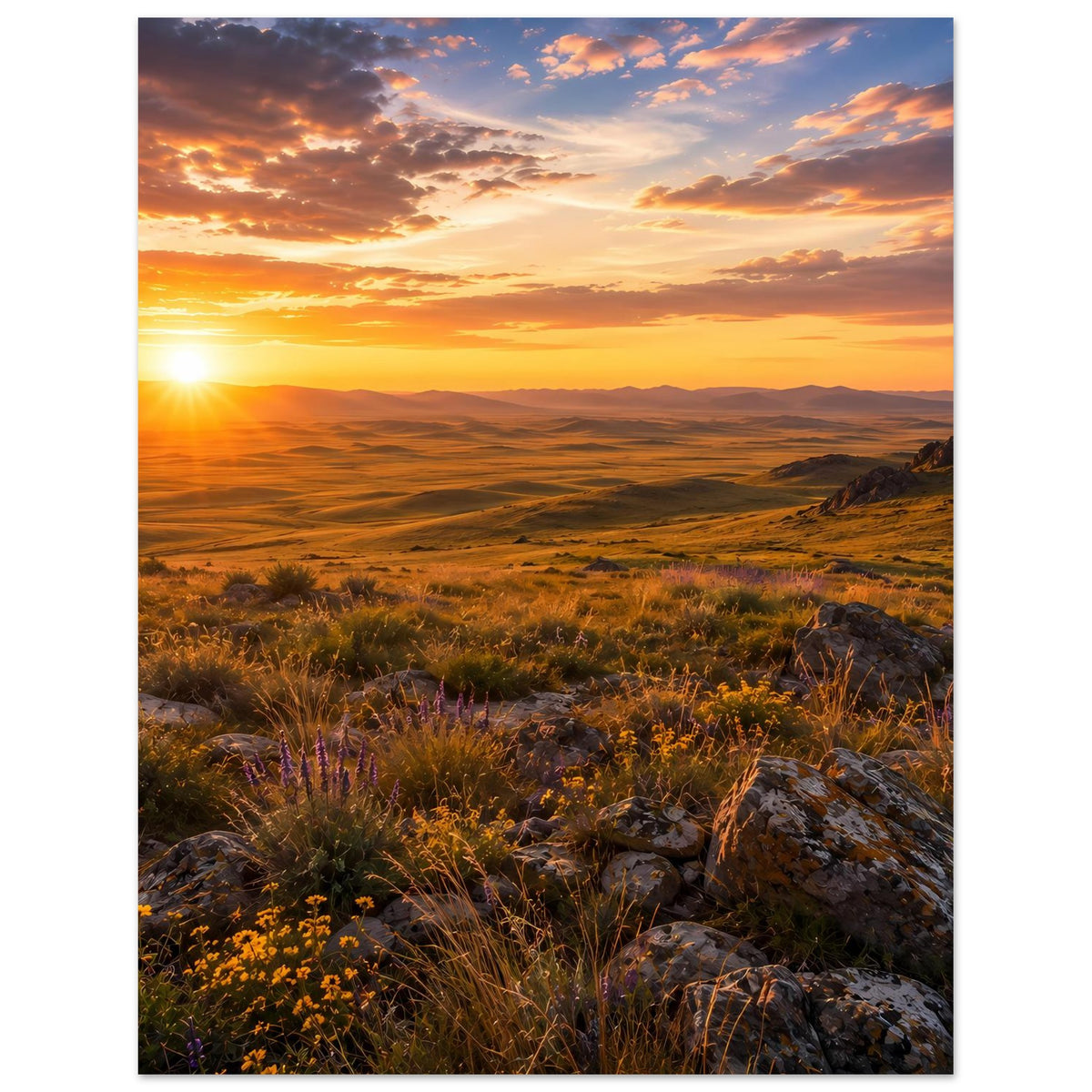 Naturposter im Hochformat: Sonnenuntergang über Hügelland mit Gras und Blumen