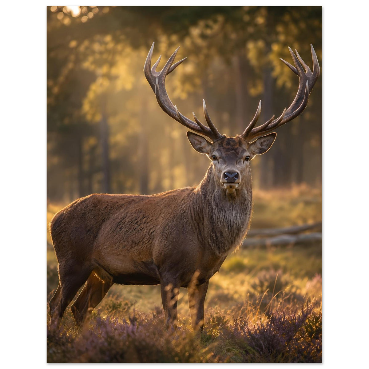 Poster mit Hirschbock im Wald, ganzer Körper, braunes Fell, großes Geweih