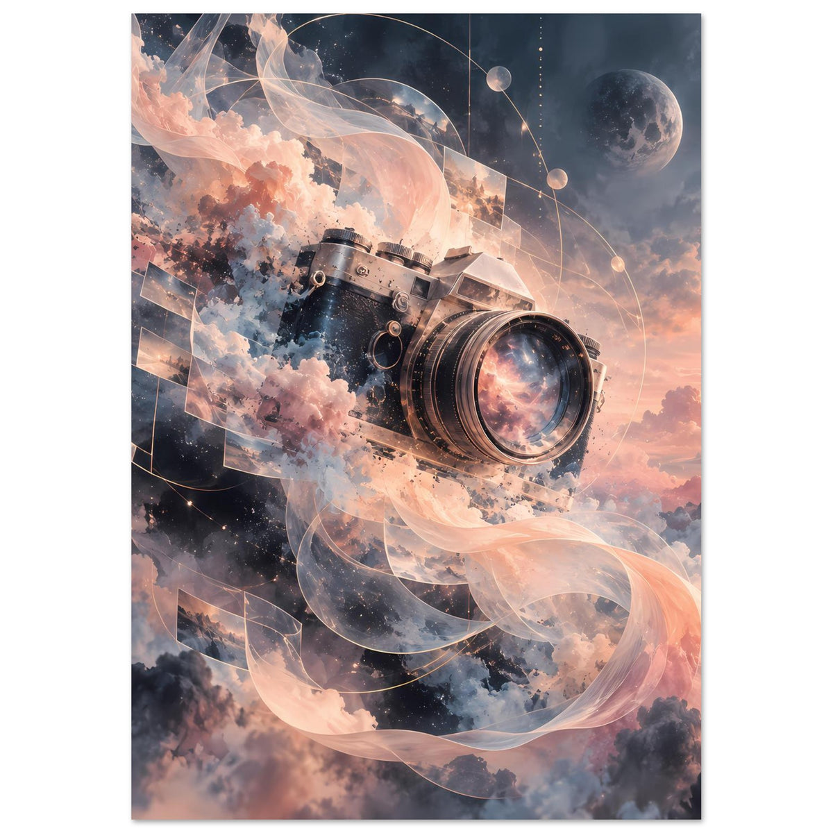 Kamera-Poster im Hochformat mit zentraler Kamera, Ranken aus Rauch und Planeten