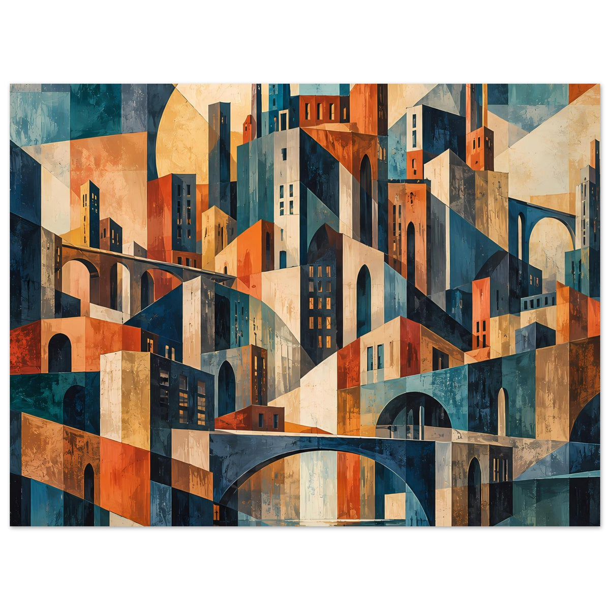Horizontales Poster mit geometrischer Stadtsilhouette und Bogenbrücke, warme Erdtöne