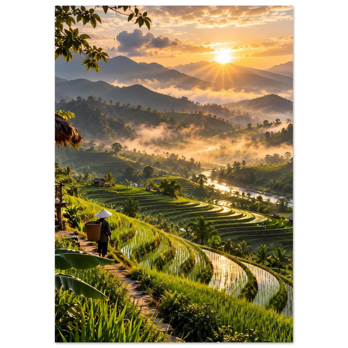 Poster im Hochformat: Sonnenaufgang über Reis-Terrassen, Berge im Hintergrund, Nebel und Grün