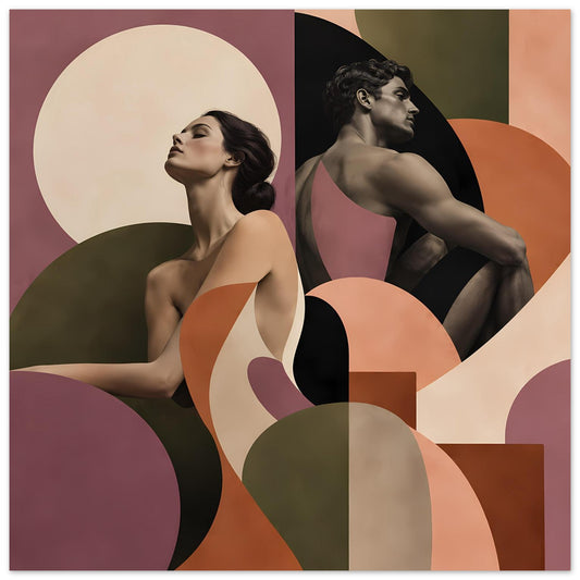 Figurenposter mit zwei abstrakten Frauenfiguren im Hochformat, Terrakotta- und Mauve-Tönen.
