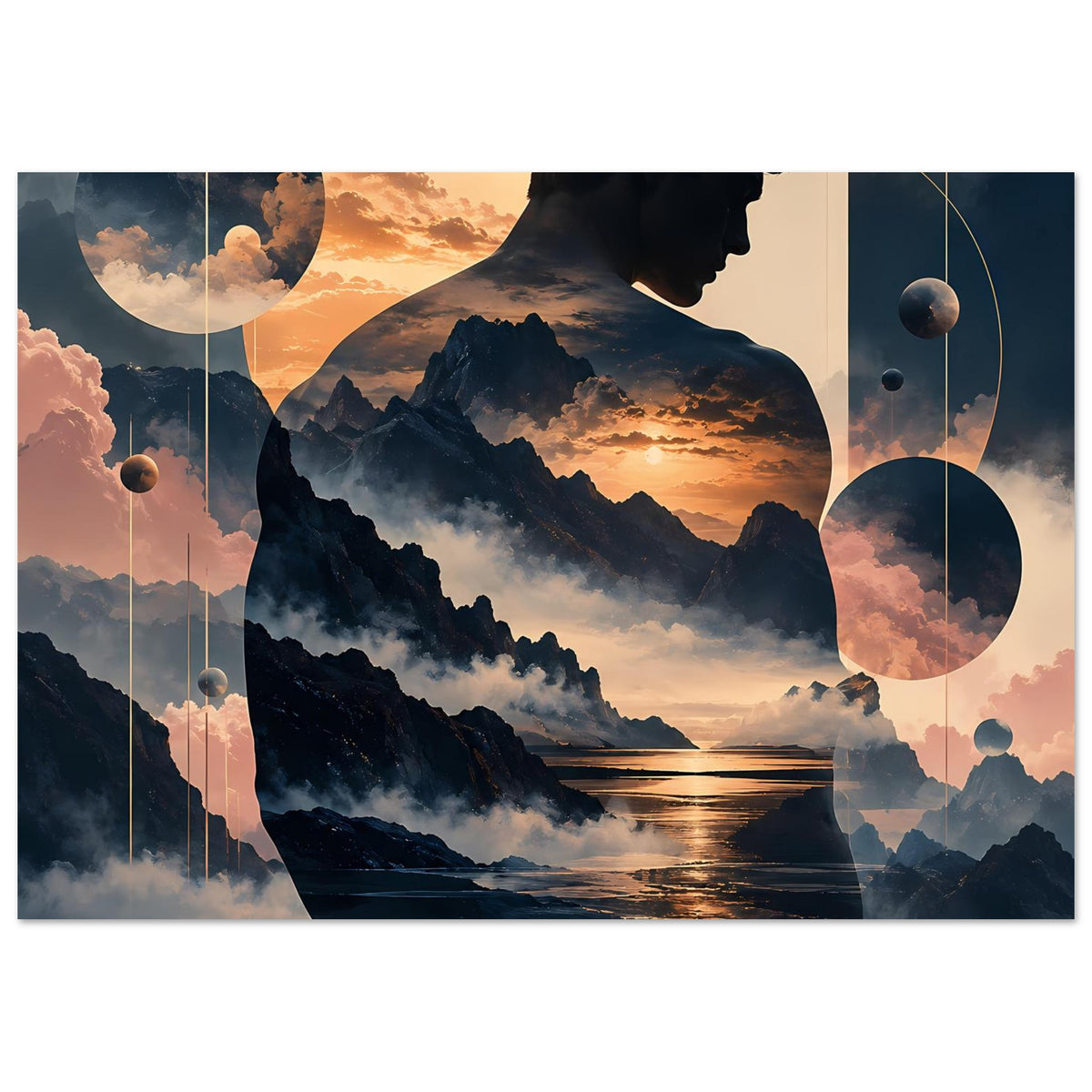 Surreales Poster mit Berglandschaft, Abendsonne und Profil-Silhouette, umschwebenden Kreisen