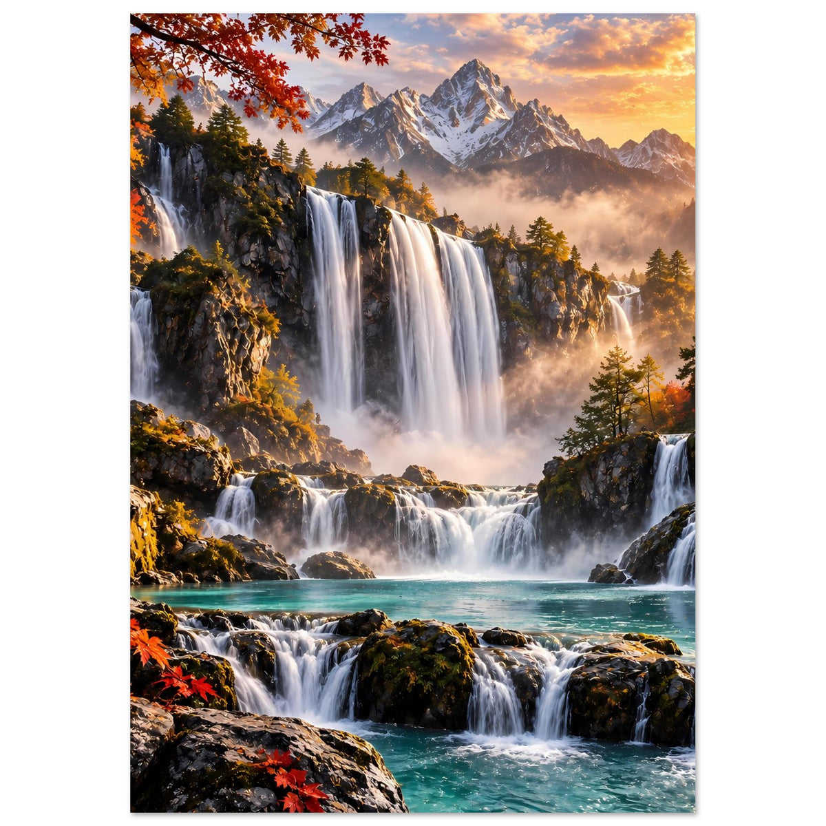 Poster mit Bergwasserfällen, Herbstbäumen und Sonnenstrahlen im warmen Abendhimmel