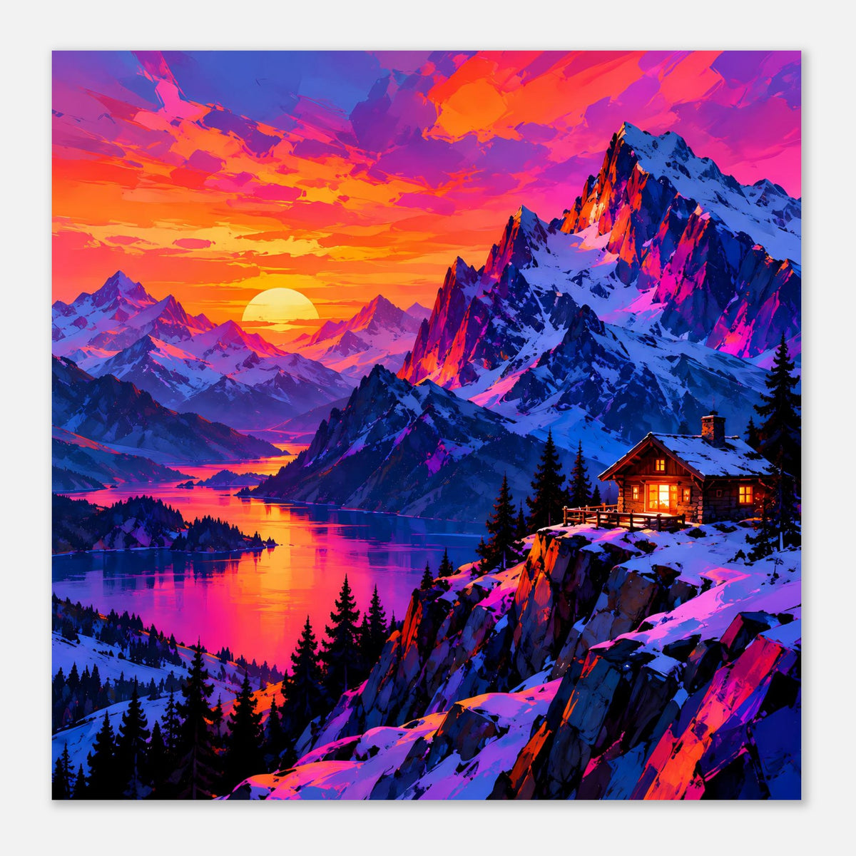 Poster im Querformat: Sonnenuntergang über Bergsee, schneebedeckte Berge und beleuchtetes Haus.
