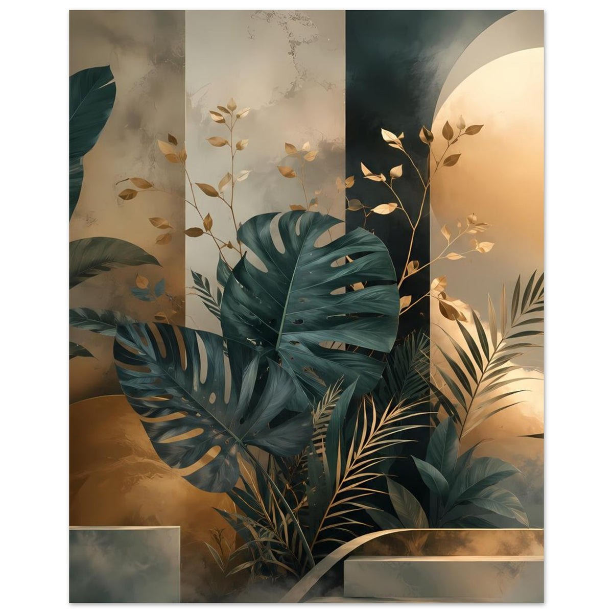 Poster mit Palmen- und Monstera-Blättern, Petrolgrün und Gold auf warmem Hintergrund