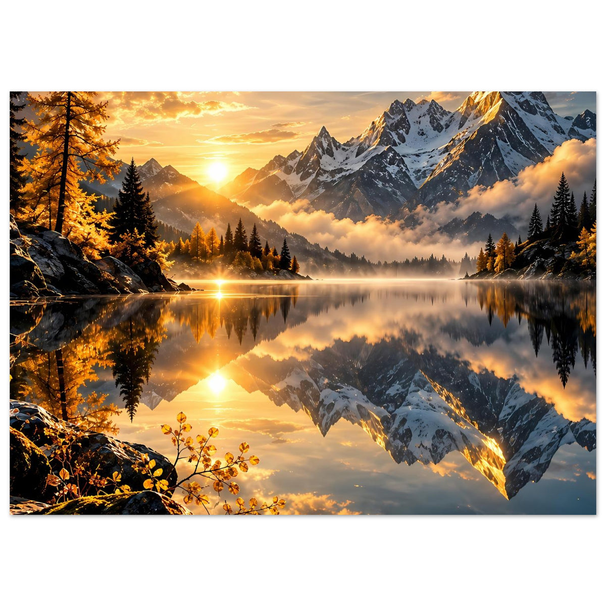 Querformat-Poster mit Bergsee, Sonnenlicht und spiegelnden Alpengipfeln