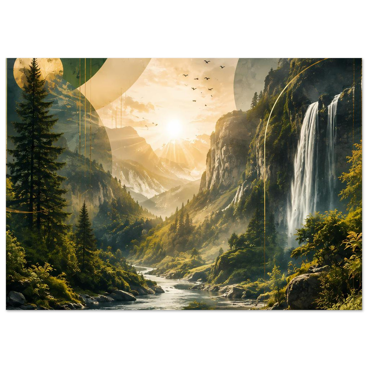 Landschaftsposter im Querformat: Wasserfall rechts, Flusslauf, Berge und Sonnenaufgang